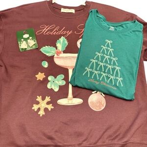 Womens Holiday Christmas Spirit Set Graphic Sweatshirt,Tee Shirt & Ear Rings 3Pc